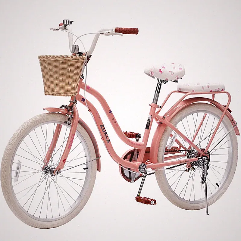 24" Girl's Cruiser Bike with Wicker Basket & Rear Rack High Carbon Steel Frame