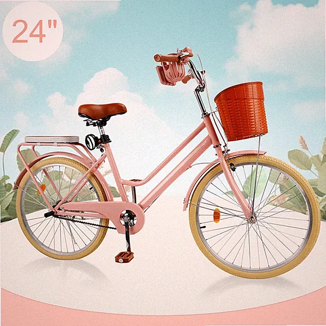 24 inch Women City Bike Lady Beach Cruiser Bicycle with Basket & Rack Pink
