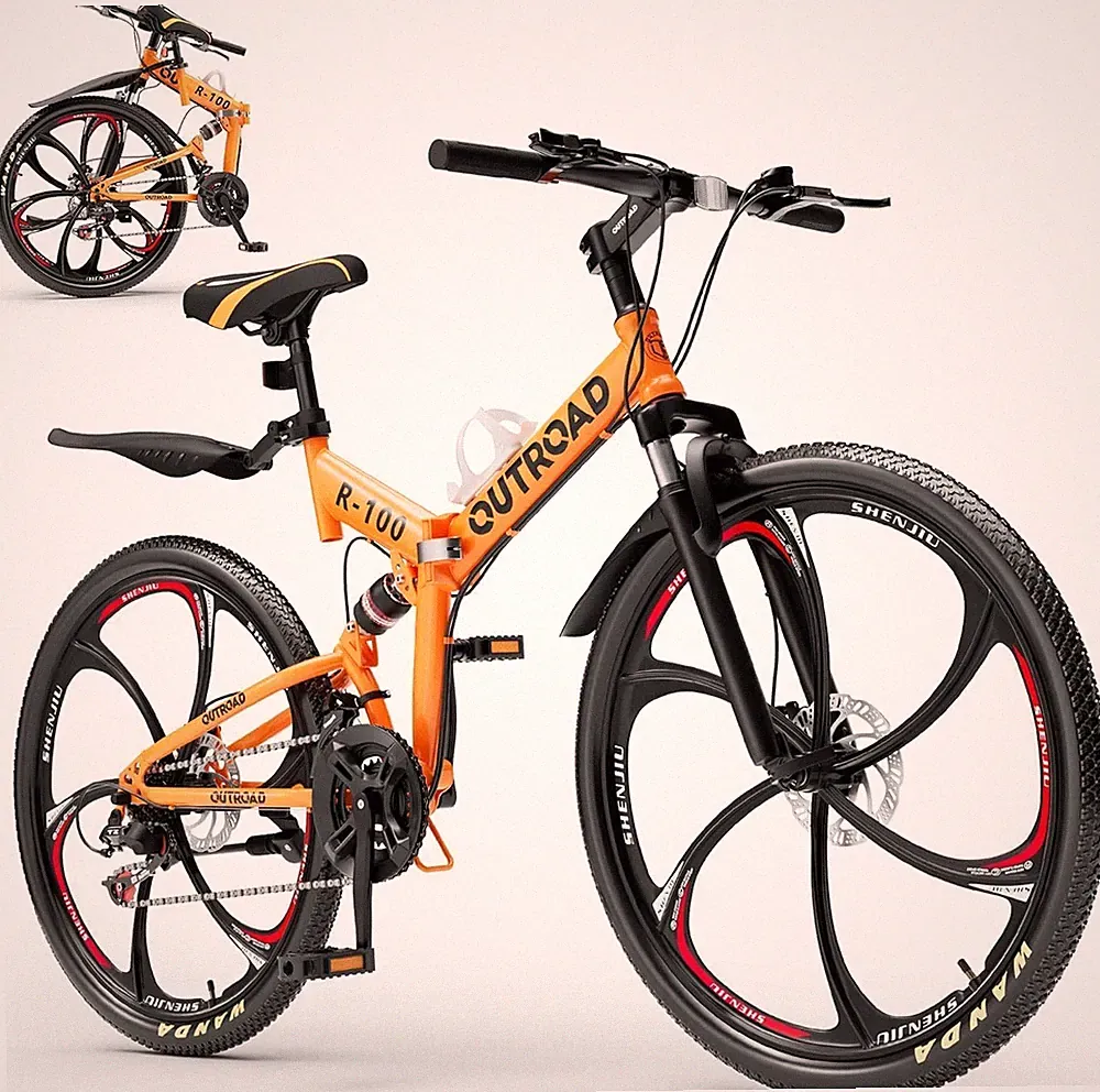26 Inch Folding Mountain Bike, 21 Speed Full Suspension High-Carbon Steel MTB Fo
