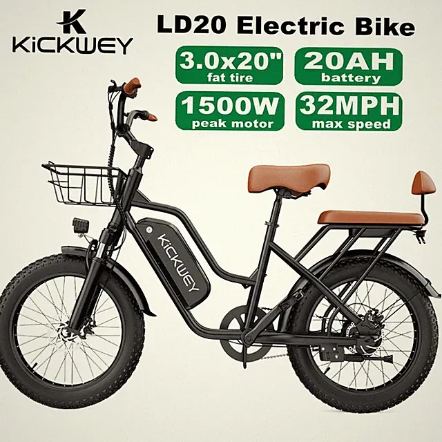 Kickwey 1500W Women Electric Bike 48V 23Ah 20'' Fat Tire Ebike for Family Travel